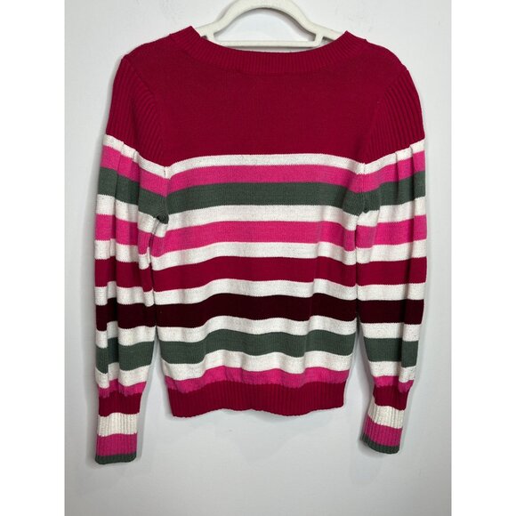 LOFT Striped Knit Crewneck Sweater Pink Green Burgundy Women’s Medium - Picture 2 of 11